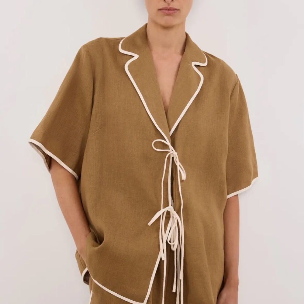 NWT DISSH Von Linen Tie Front Shirt in Fern Brown US 8